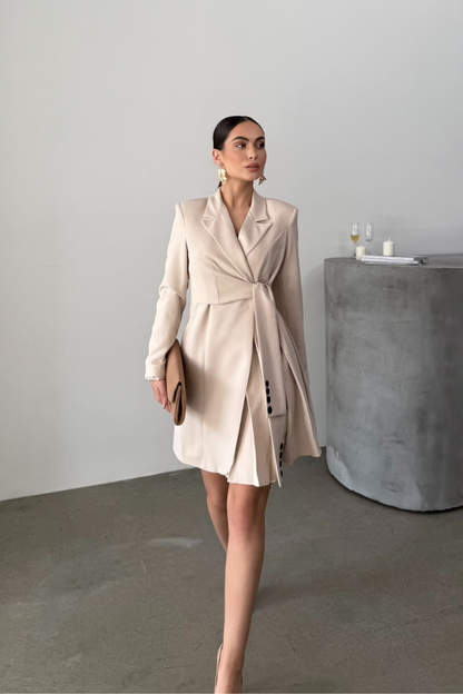 Kadın Elbise Mini Şık Uzun Kollu Kuşaklı Kruvaze Yaka Pileli Ceket Elbise