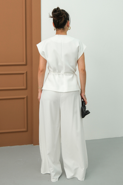 Kadın İkili Alt Üst Takım Bağcıklı Bol Kesim Dökümlü Yazlık Kısa Kollu Kimono Ceket Palazzo Pantolon