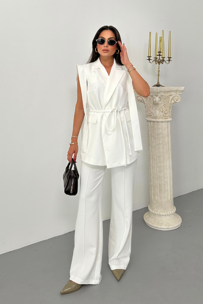 Kadın Alt Üst İkili Takım Omuz Detaylı Kuşaklı Yelek Pantolon Takım