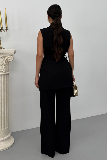 Kadın İkili Alt Üst Takım Şık Kuşaklı Cep Detaylı Yelek Pantolon Takım