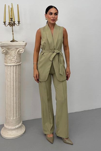 Kadın İkili Alt Üst Takım Şık Kuşaklı Cep Detaylı Yelek Pantolon Takım