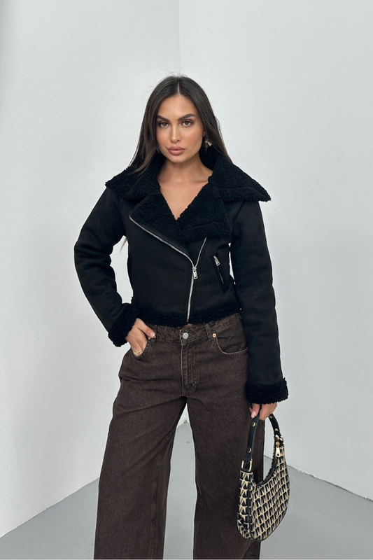 Kadın Süet Mont Kısa İçi Kürklü Kruvaze Fermuarlı Cepli Ceket