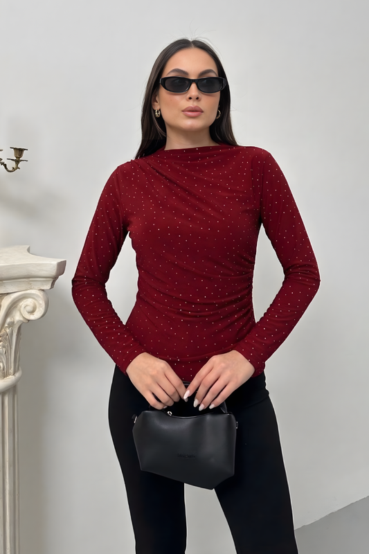 Kadın Bluz Taşlı Drapeli Uzun Kollu Sandy Kumaş Kısa Şık Bluz