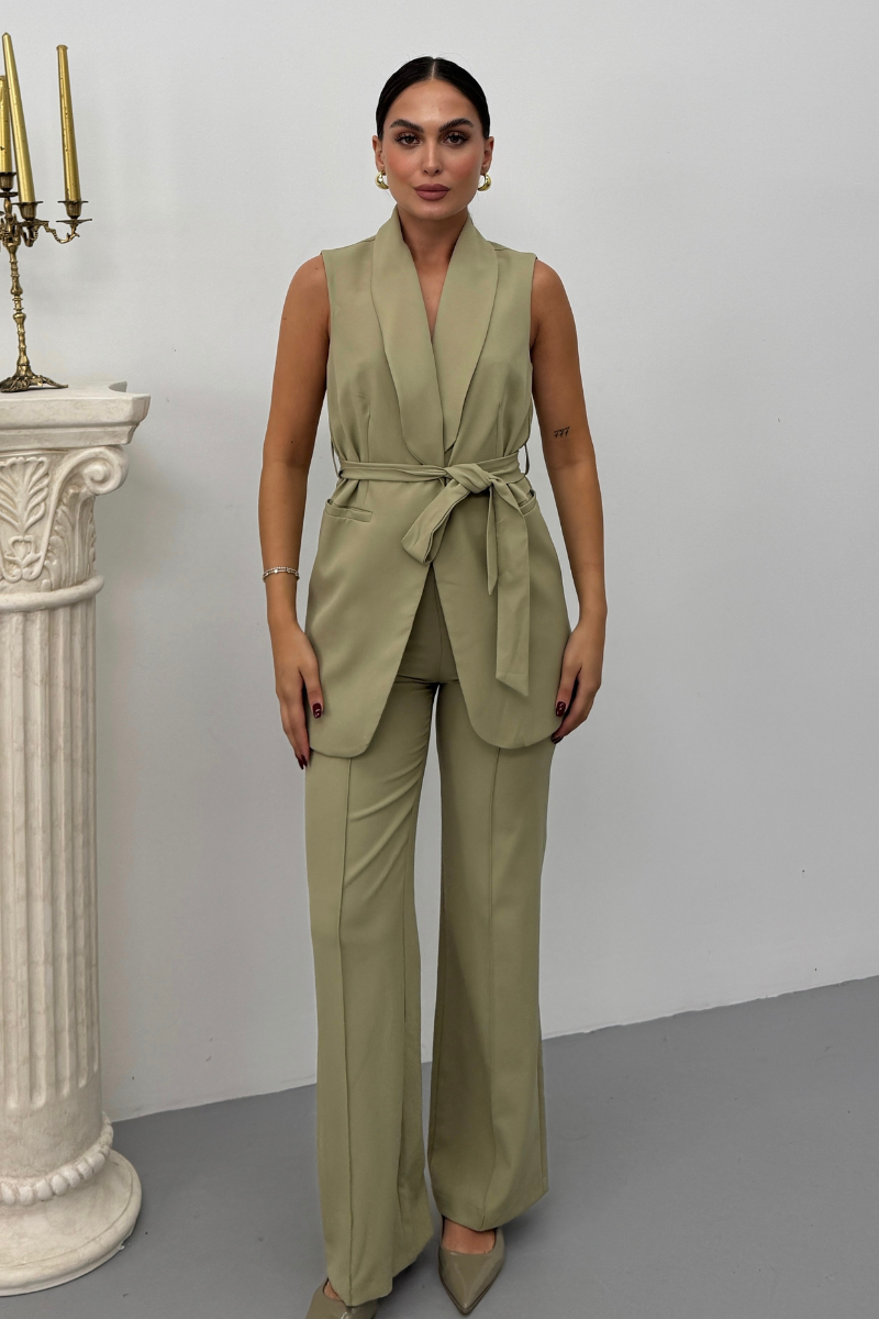 Kadın İkili Alt Üst Takım Şık Kuşaklı Cep Detaylı Yelek Pantolon Takım