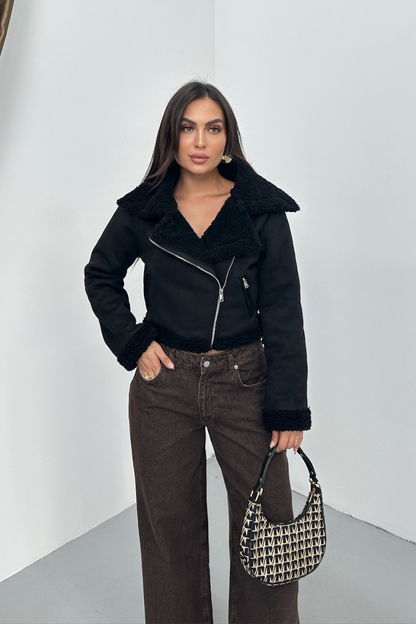 Kadın Süet Mont Kısa İçi Kürklü Kruvaze Fermuarlı Cepli Ceket