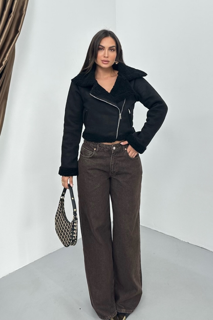 Kadın Süet Mont Kısa İçi Kürklü Kruvaze Fermuarlı Cepli Ceket