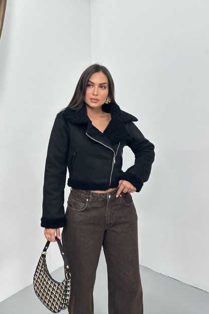 Kadın Süet Mont Kısa İçi Kürklü Kruvaze Fermuarlı Cepli Ceket