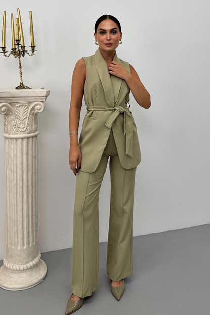 Kadın İkili Alt Üst Takım Şık Kuşaklı Cep Detaylı Yelek Pantolon Takım
