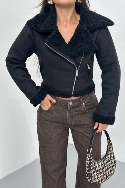 Kadın Süet Mont Kısa İçi Kürklü Kruvaze Fermuarlı Cepli Ceket