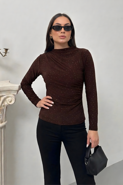 Kadın Bluz Taşlı Drapeli Uzun Kollu Sandy Kumaş Kısa Şık Bluz