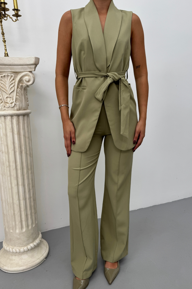 Kadın İkili Alt Üst Takım Şık Kuşaklı Cep Detaylı Yelek Pantolon Takım