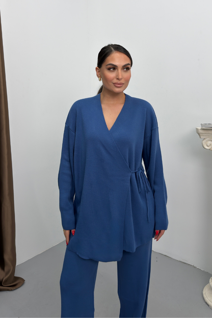 Kadın İkili Alt Üst Takım Triko Yandan Bağcıklı Kruvaze Hırka Bol Paça Pantolon Örme Takım