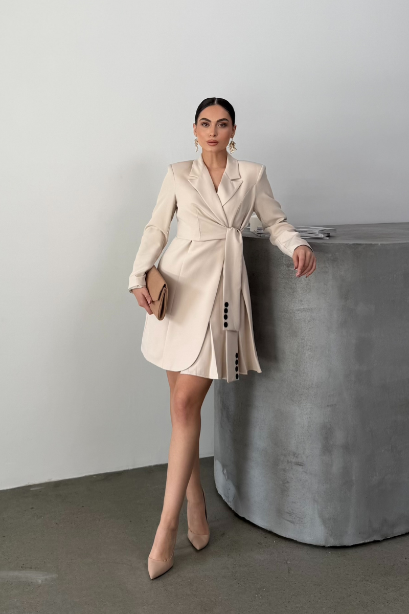 Kadın Elbise Mini Şık Uzun Kollu Kuşaklı Kruvaze Yaka Pileli Ceket Elbise