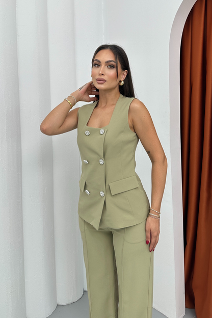 Kadın İkili Alt Üst Takım Şık Düğme Detaylı Kare Yaka Yelek Pantolon Takım