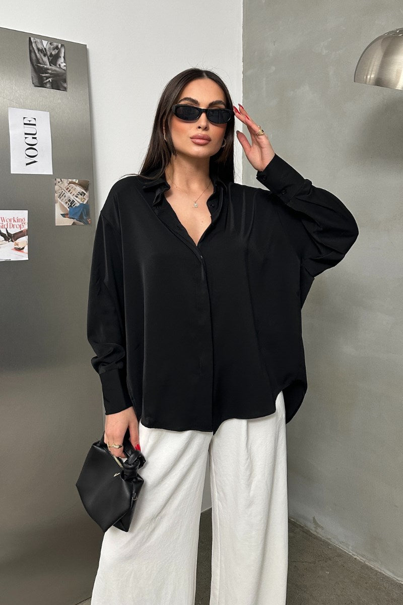 Kadın Oversize Gömlek Uzun Kollu Düşük Omuz Dökümlü Gömlek Siyah Standart
