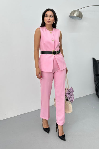 Kadın İkili Alt Üst Takım Şık Kemerli Düğme Detaylı Bisiklet Yaka Regular Yelek Pantolon Takım Pembe