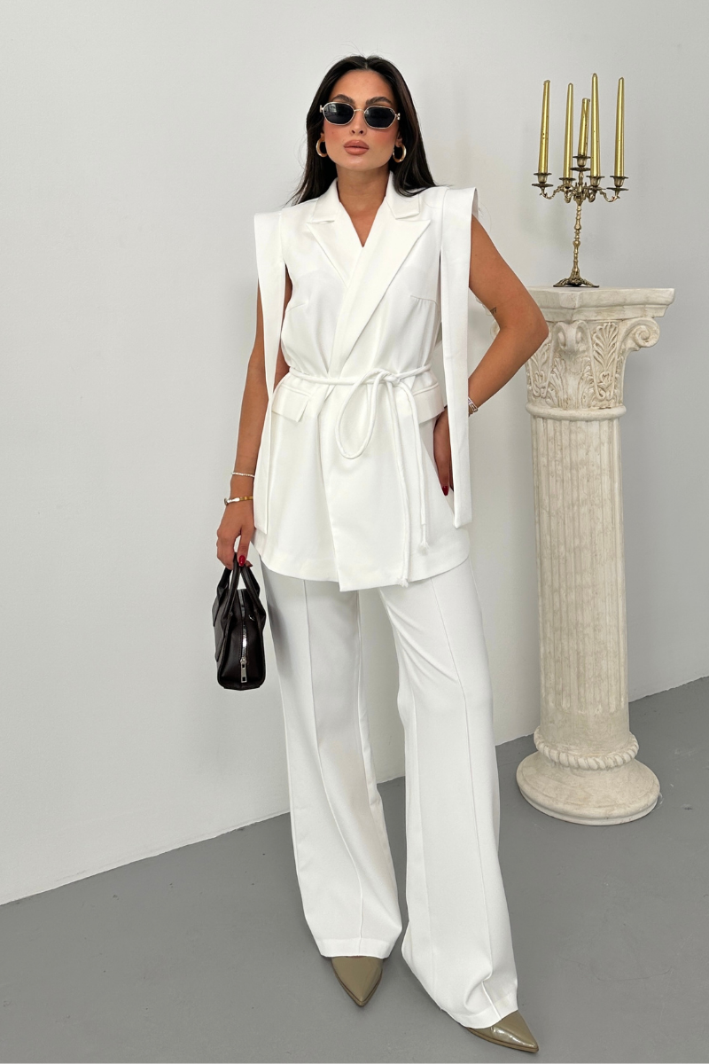Kadın Alt Üst İkili Takım Omuz Detaylı Kuşaklı Yelek Pantolon Takım
