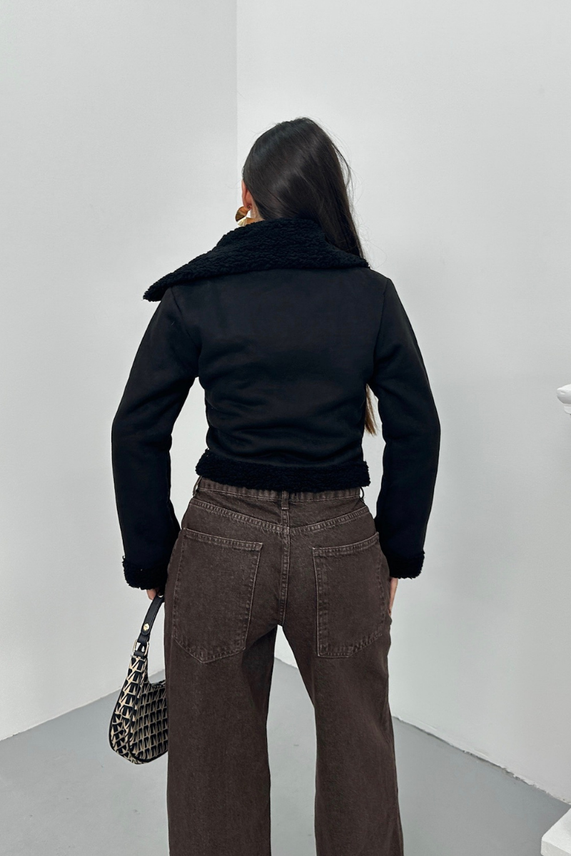 Kadın Süet Mont Kısa İçi Kürklü Kruvaze Fermuarlı Cepli Ceket