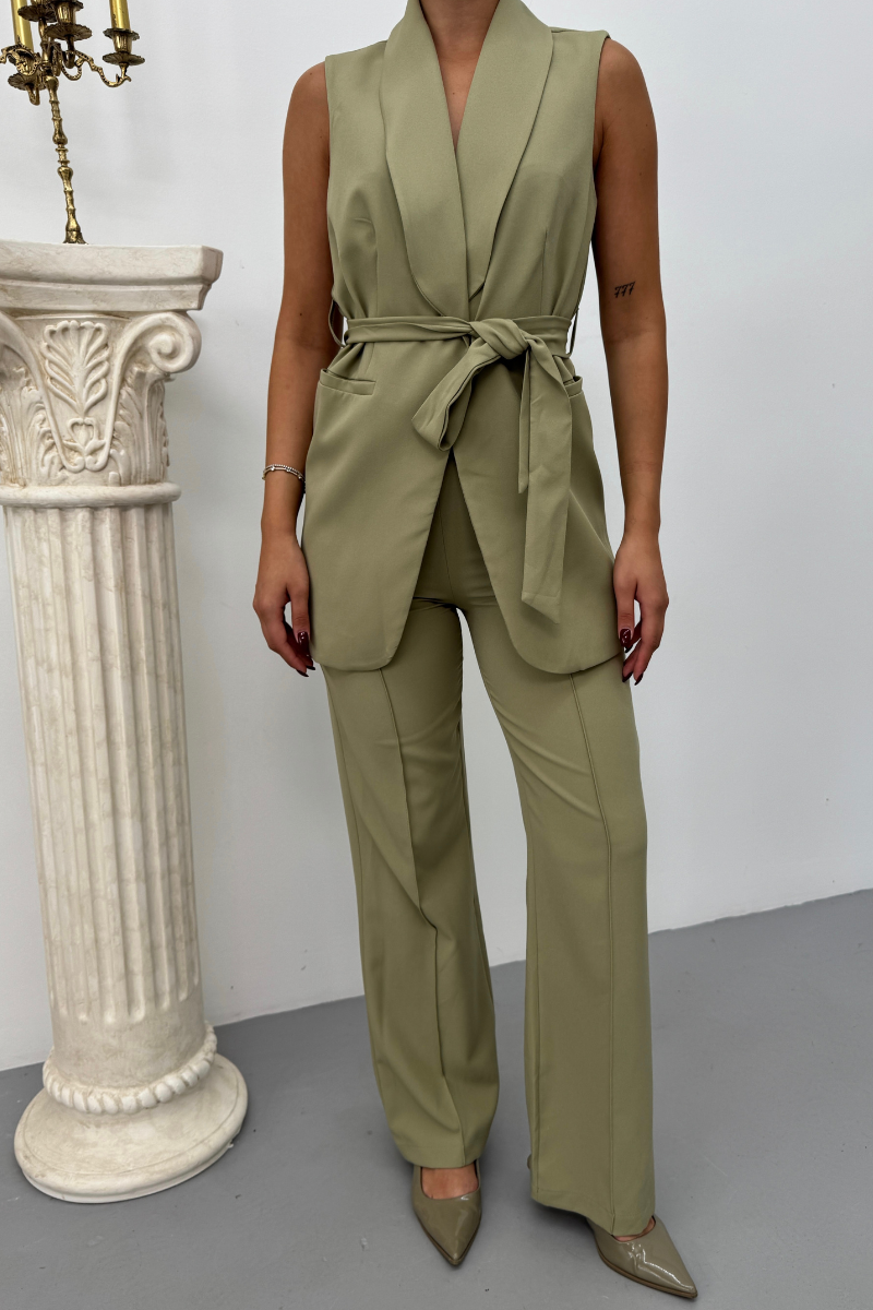 Kadın İkili Alt Üst Takım Şık Kuşaklı Cep Detaylı Yelek Pantolon Takım