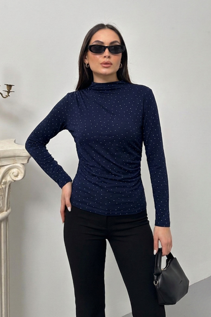 Kadın Bluz Taşlı Drapeli Uzun Kollu Sandy Kumaş Kısa Şık Bluz