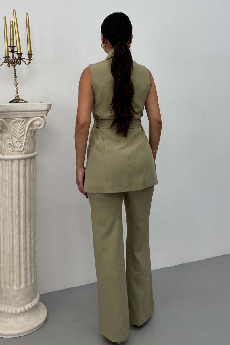 Kadın İkili Alt Üst Takım Şık Kuşaklı Cep Detaylı Yelek Pantolon Takım