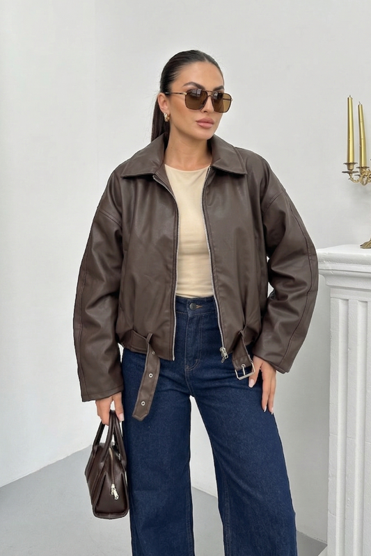 Kadın Suni Deri Ceket Kısa Fermuarlı Kemerli Uzun Kollu Cepli Düşük Omuz Kısa Deri Mont