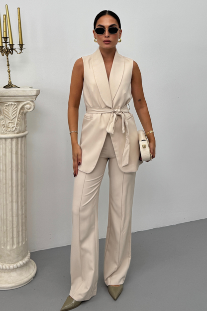Kadın İkili Alt Üst Takım Şık Kuşaklı Cep Detaylı Yelek Pantolon Takım