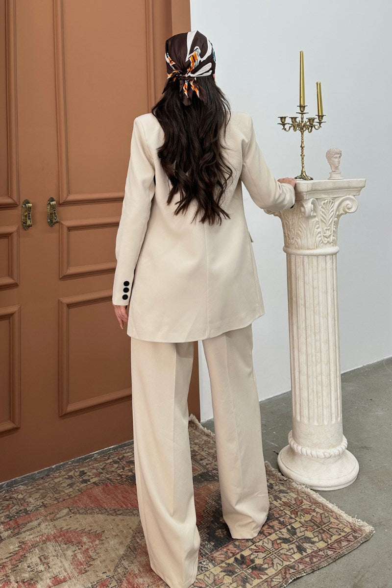 Kadın Palazzo Pantolon Düğmeli Çift Cepli Bol Paça Pantolon