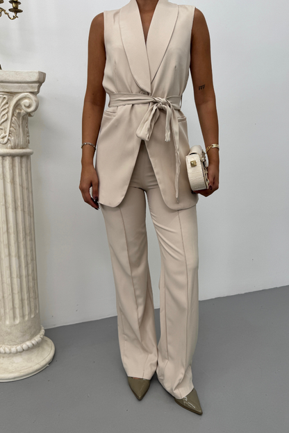 Kadın İkili Alt Üst Takım Şık Kuşaklı Cep Detaylı Yelek Pantolon Takım