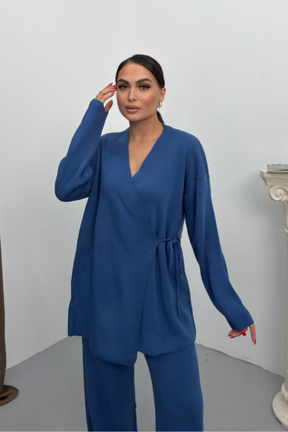 Kadın İkili Alt Üst Takım Triko Yandan Bağcıklı Kruvaze Hırka Bol Paça Pantolon Örme Takım