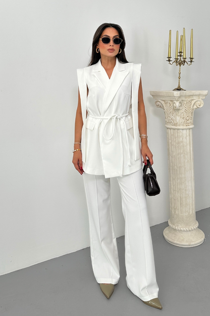Kadın Alt Üst İkili Takım Omuz Detaylı Kuşaklı Yelek Pantolon Takım