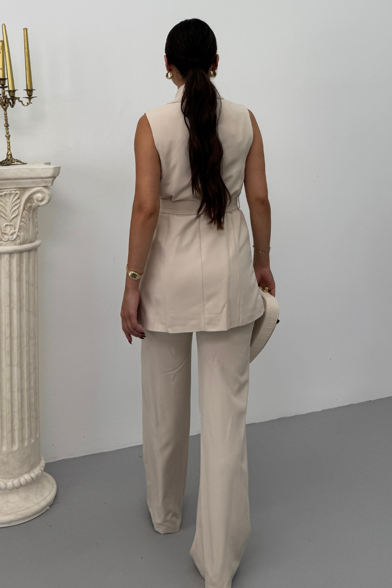 Kadın İkili Alt Üst Takım Şık Kuşaklı Cep Detaylı Yelek Pantolon Takım