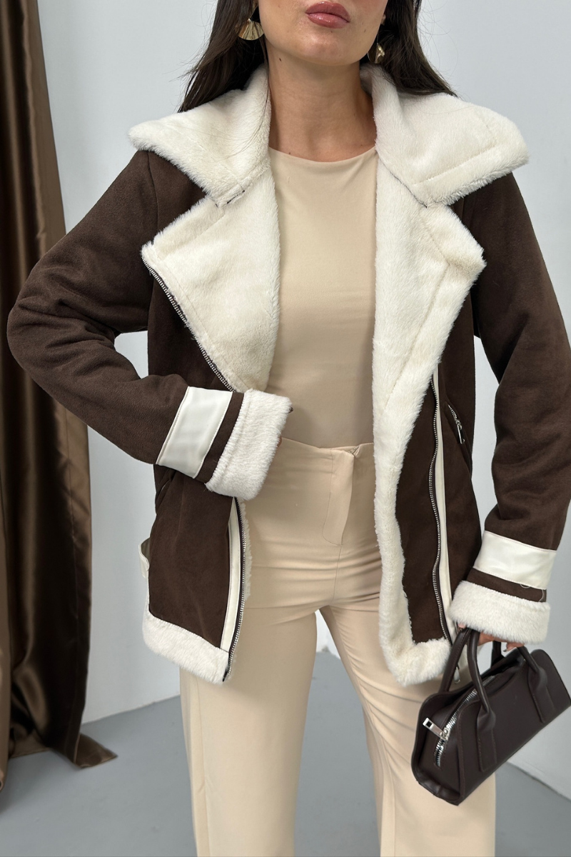Kadın Süet Mont Oversize İçi Kürklü Fermuarlı Cepli Kol Detaylı Ceket Yaka Kışlık Kaban