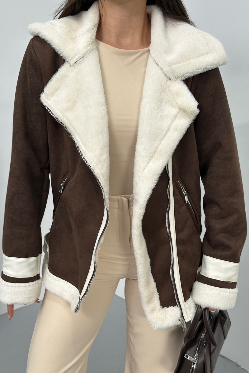 Kadın Süet Mont Oversize İçi Kürklü Fermuarlı Cepli Kol Detaylı Ceket Yaka Kışlık Kaban