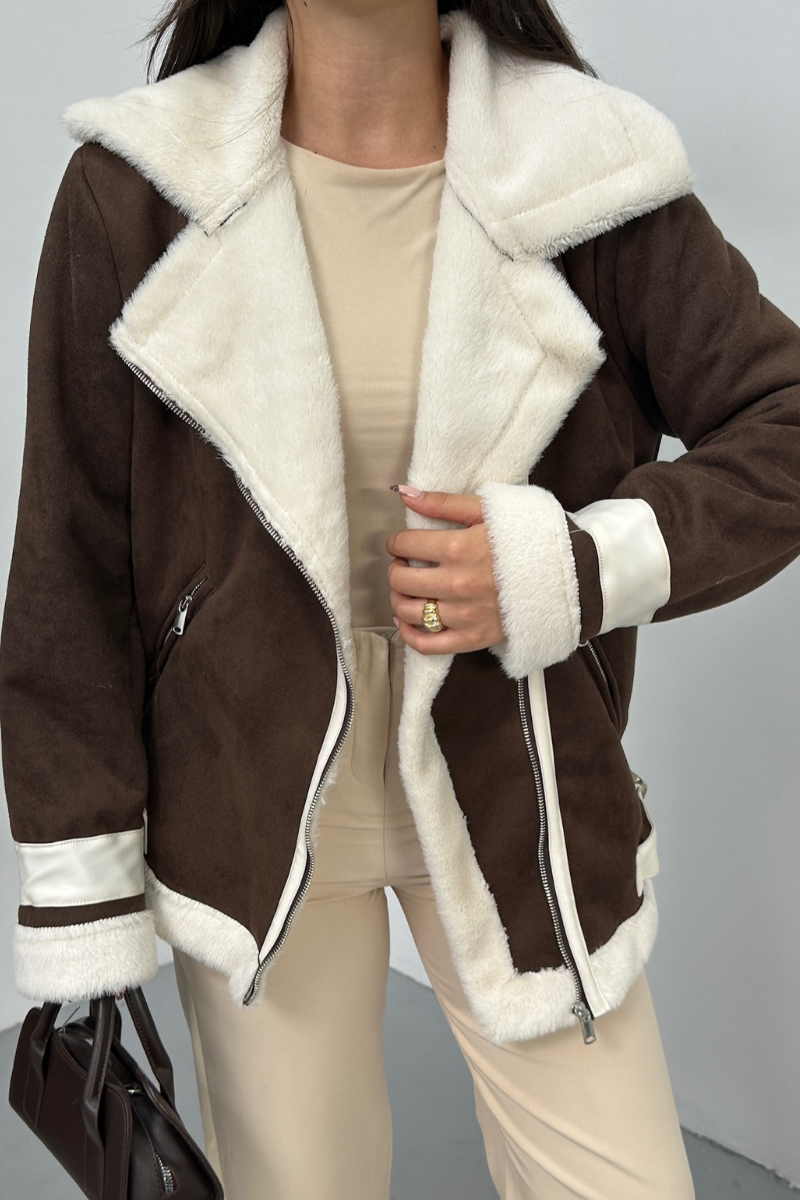 Kadın Süet Mont Oversize İçi Kürklü Fermuarlı Cepli Kol Detaylı Ceket Yaka Kışlık Kaban