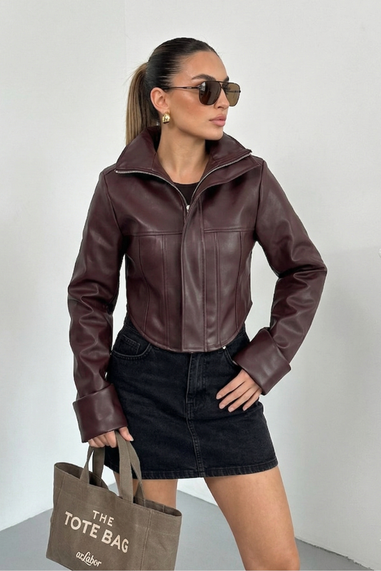 Kadın Suni Deri Ceket Crop Fermuarlı Uzun Kollu Bele Oturan Kısa Deri Mont