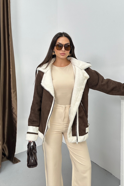 Kadın Süet Mont Oversize İçi Kürklü Fermuarlı Cepli Kol Detaylı Ceket Yaka Kışlık Kaban