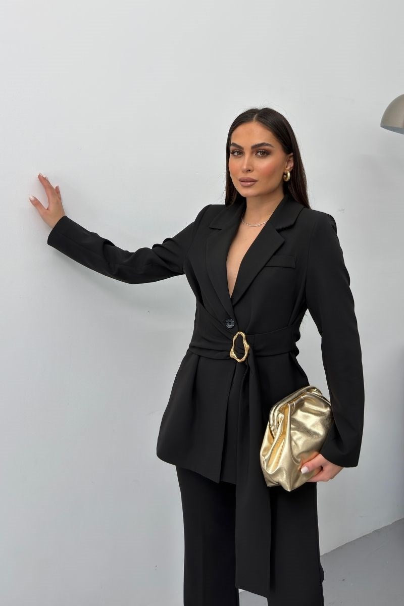 Kadın İkili Alt Üst Takım Şık Gold Tokalı Kuşaklı Blazer Ceket Bol Paça Pantolon Takım