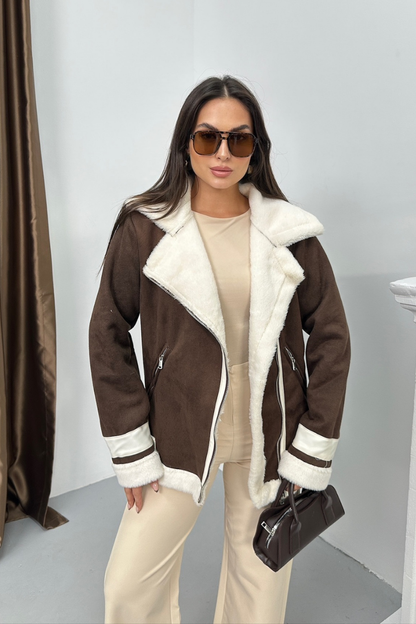 Kadın Süet Mont Oversize İçi Kürklü Fermuarlı Cepli Kol Detaylı Ceket Yaka Kışlık Kaban