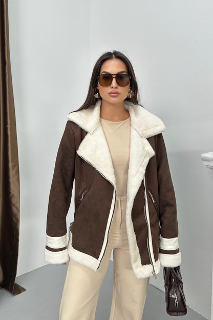 Kadın Süet Mont Oversize İçi Kürklü Fermuarlı Cepli Kol Detaylı Ceket Yaka Kışlık Kaban