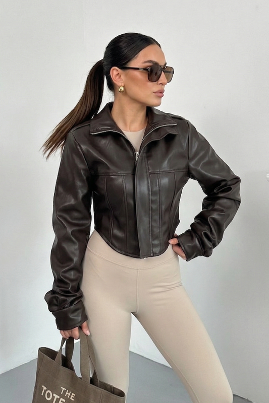 Kadın Suni Deri Ceket Crop Fermuarlı Uzun Kollu Bele Oturan Kısa Deri Mont
