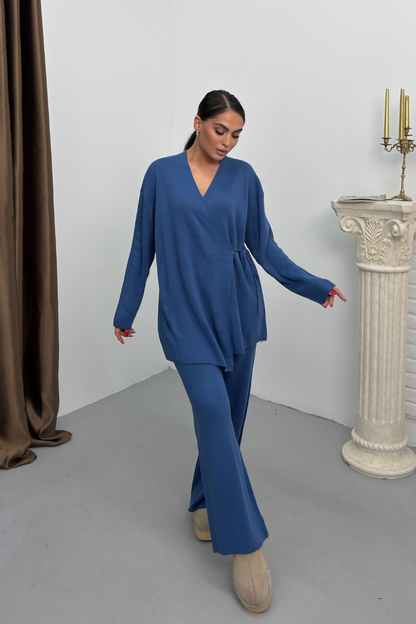 Kadın İkili Alt Üst Takım Triko Yandan Bağcıklı Kruvaze Hırka Bol Paça Pantolon Örme Takım