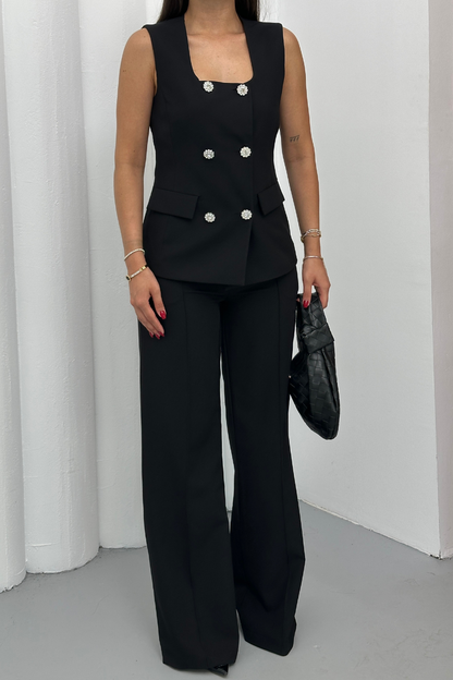 Kadın İkili Alt Üst Takım Şık Düğme Detaylı Kare Yaka Yelek Pantolon Takım