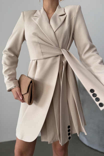 Kadın Elbise Mini Şık Uzun Kollu Kuşaklı Kruvaze Yaka Pileli Ceket Elbise