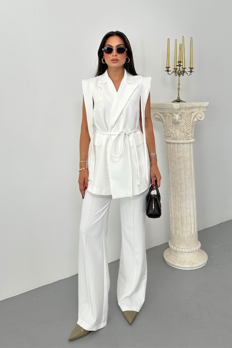 Kadın Alt Üst İkili Takım Omuz Detaylı Kuşaklı Yelek Pantolon Takım