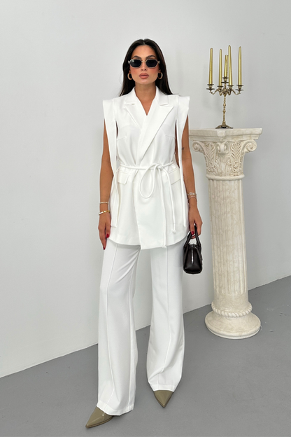 Kadın Alt Üst İkili Takım Omuz Detaylı Kuşaklı Yelek Pantolon Takım