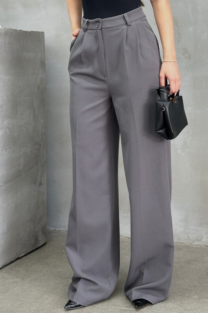 Kadın Palazzo Pantolon Düğmeli Çift Cepli Bol Paça Pantolon