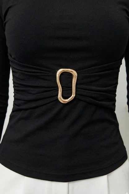 Kadın Bluz Uzun Kollu Beli Gold Toka Detaylı Sandy Kumaş Likralı Kısa Şık Bluz