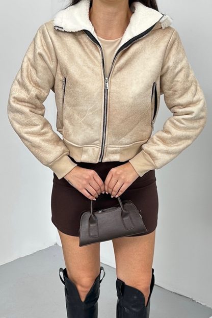 Kadın Ceket Kısa Süet İçi Kürklü Fermuarlı Çift Cepli Ribanalı Kısa Mont