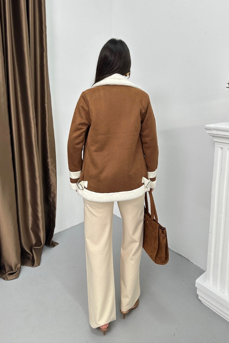 Kadın Süet Mont Oversize İçi Kürklü Fermuarlı Cepli Kol Detaylı Ceket Yaka Kışlık Kaban